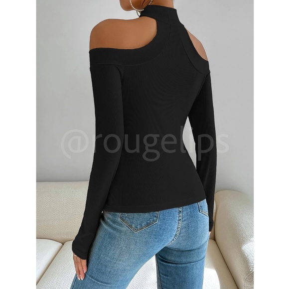 Black Off Shoulder Slim Fit Shirt Top Long Sleeve Mock Neck - Picture 6 of 7